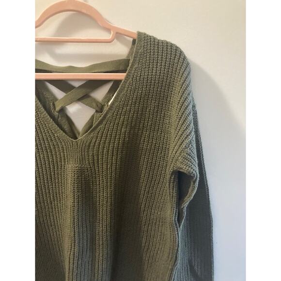 Olive Green V-Neck Sweater w/ Criss Cross Back - XS - Picture 4 of 6
